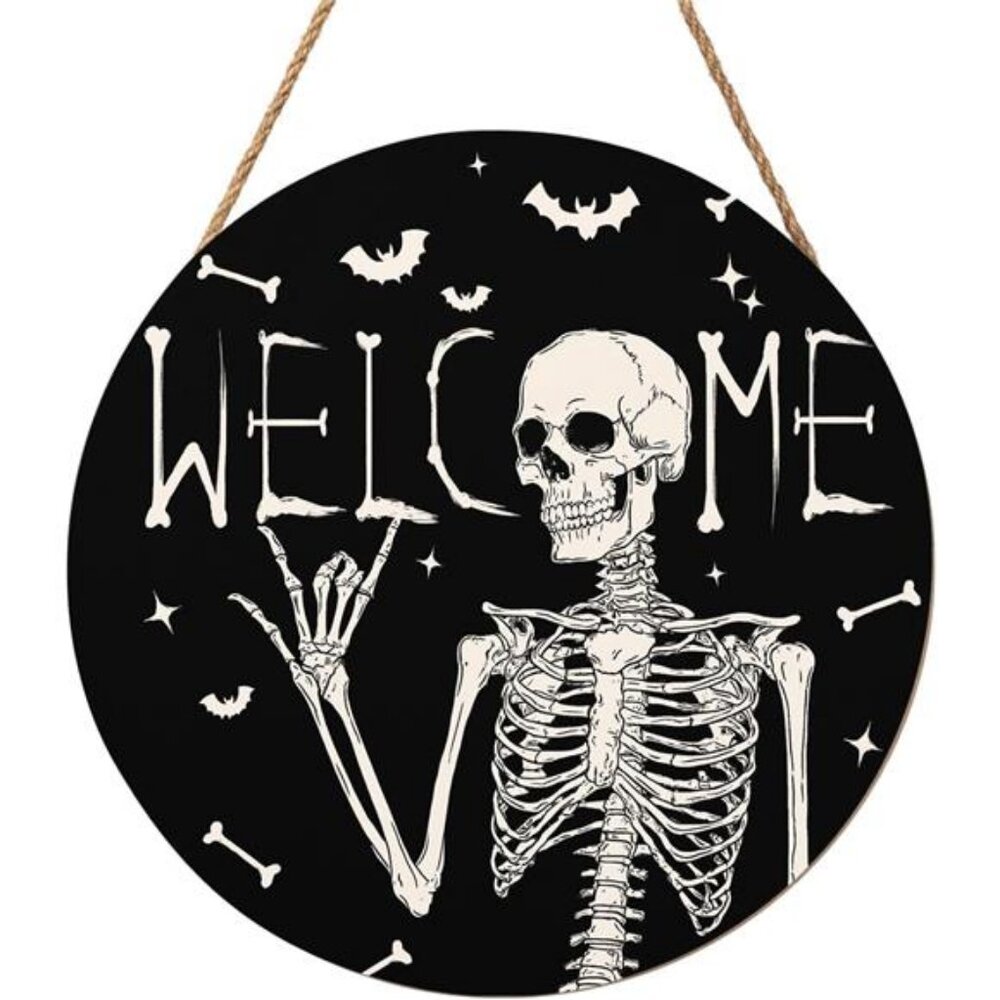 Halloween Skull Welcome Door Sign 12x12 Inch Halloween Wreaths for Front Door